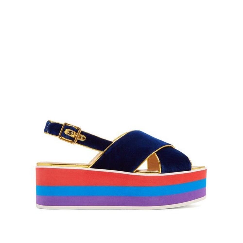 Gucci Peggy Blue Velvet Platform Sandals Crossover Strap EU 37.5 - Picture 2 of 9
